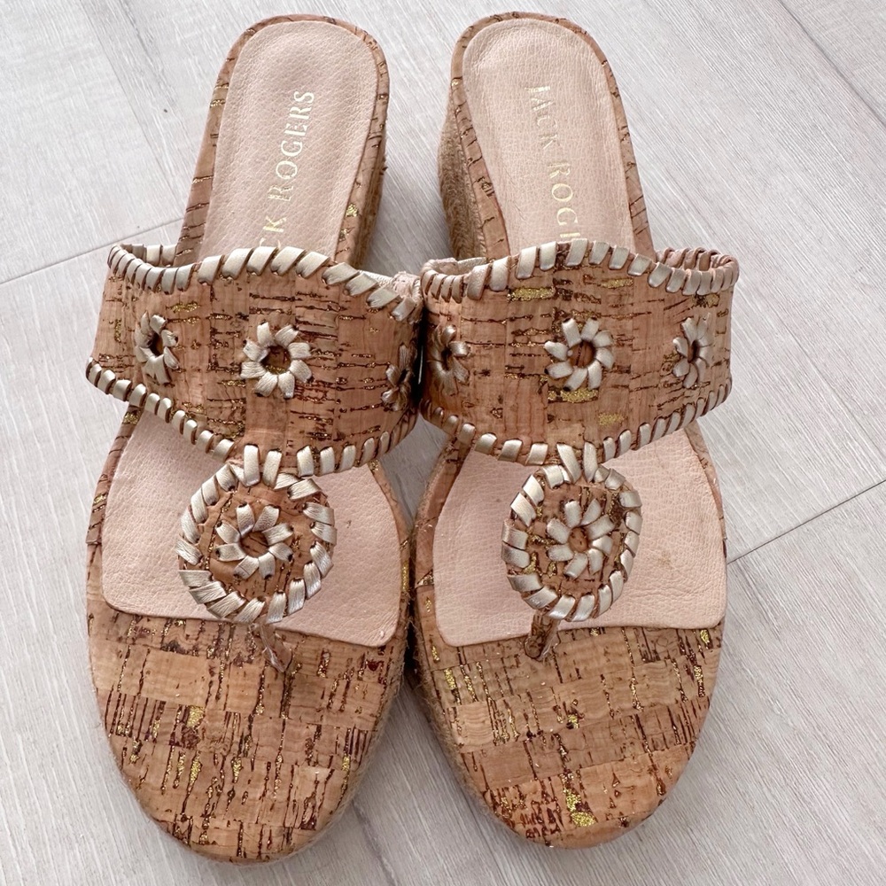 Jack Rogers Cork Wedge Sandals Whipstitch Rondelle Size 8